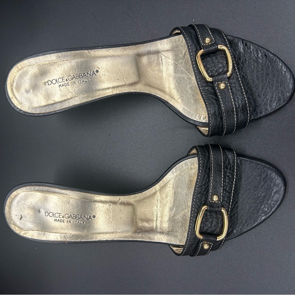 Dolce & Gabbana Black Sandals with Gold Buckle